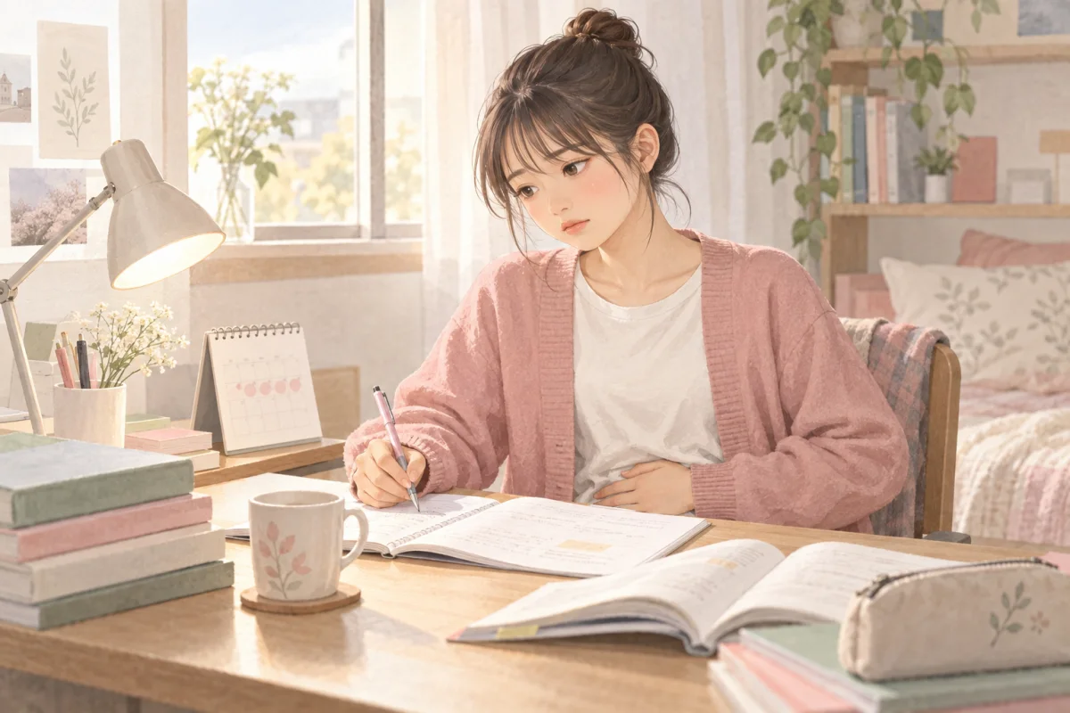 受験勉強中に月経による体調の変化を感じる学生のイラスト
